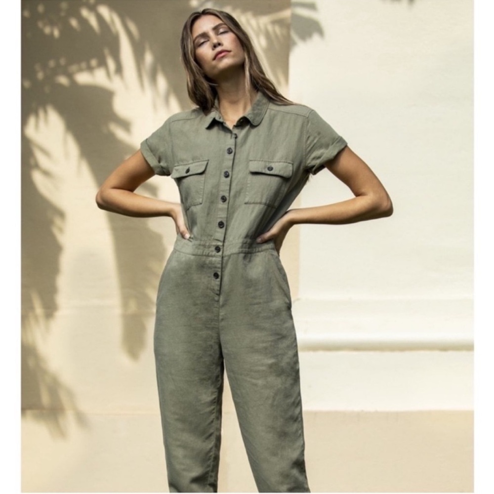Outerknown SEA Olive Green Organic Cotton Limen‎ Jumpsuit Romper M - Picture 2 of 12